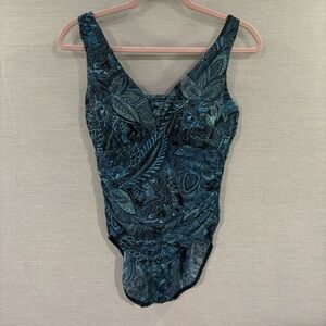 Lands’ End Ruched Control One-Piece Swimsuit Blue Paisley Size 14